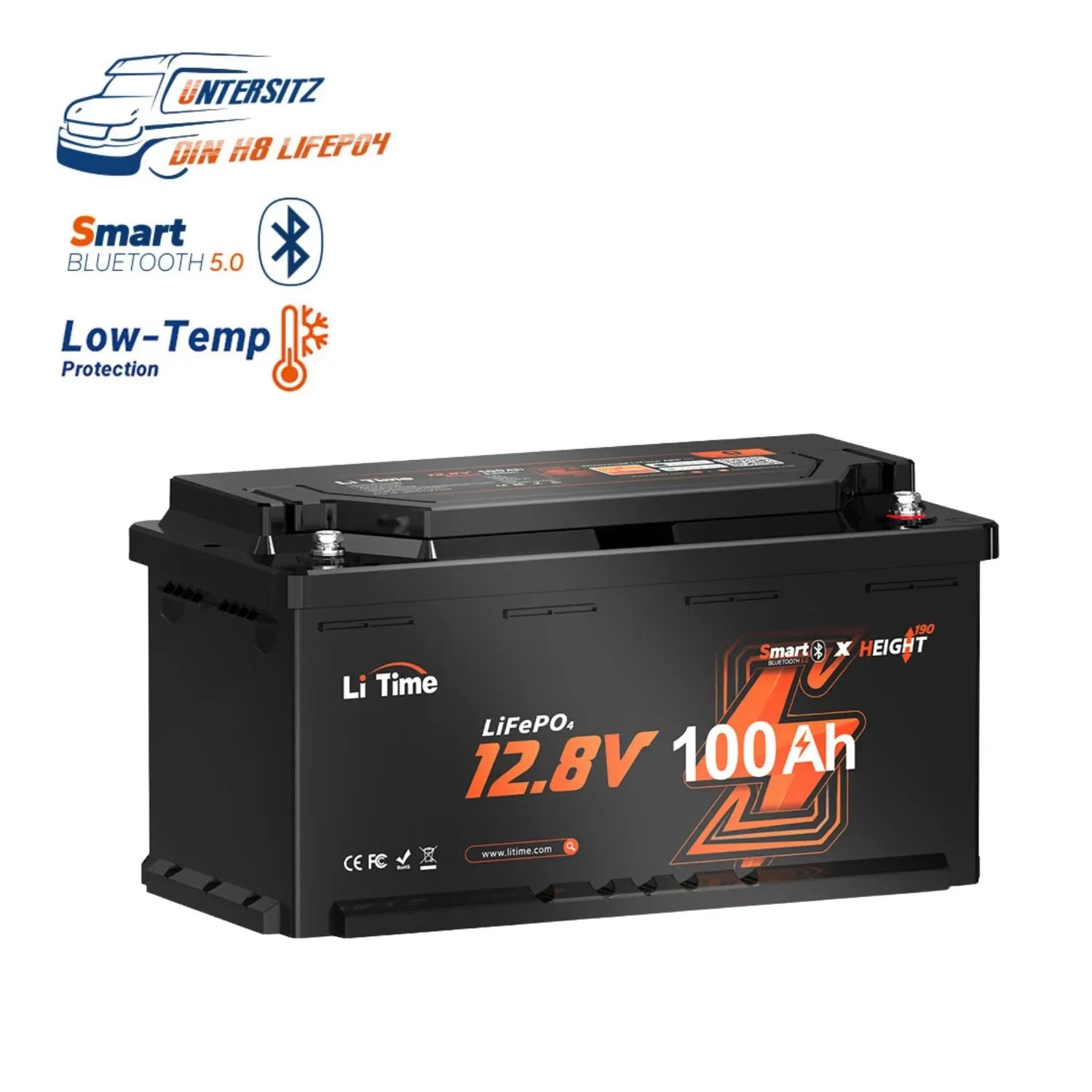 LiTime 12V 100Ah Smart LiFePO4 Lithium accu - H190
